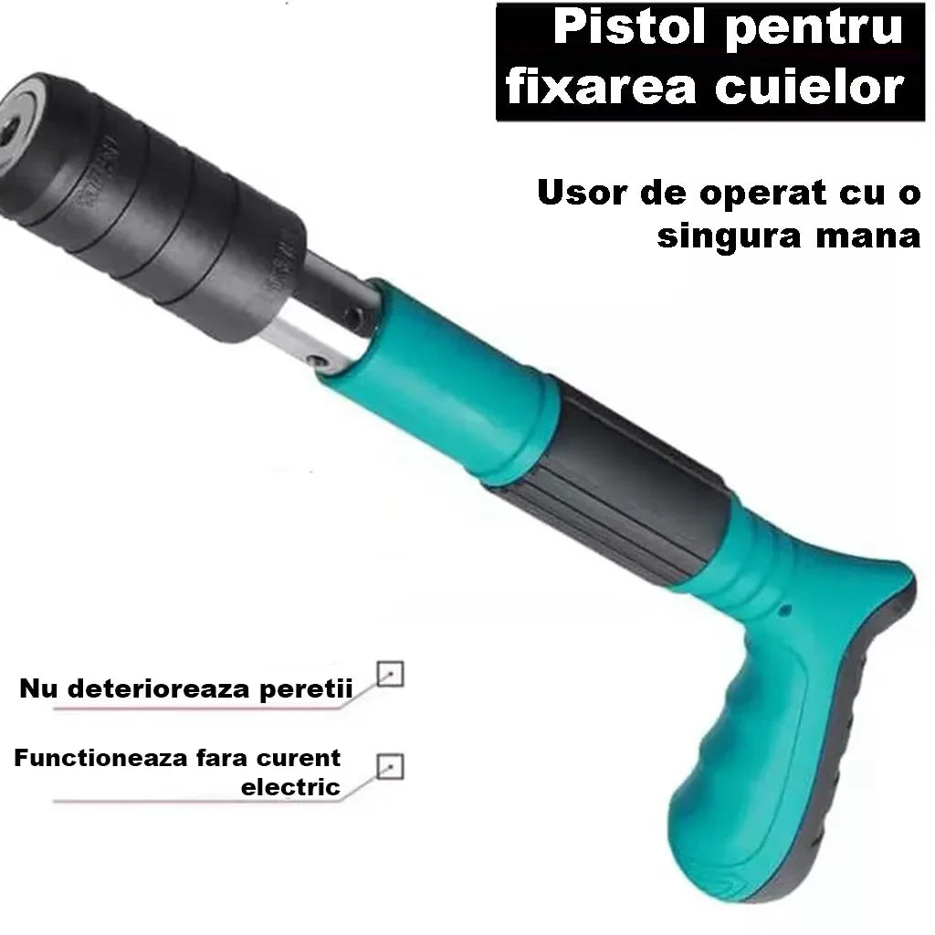 Ruční pistole na upevnění hřebíků na zeď / nýty, délka 30 cm, průměr 7,3 cm, pneumatická, příslušenství, ochranné brýle, transportní box, modrá + 50 hřebíků v balení