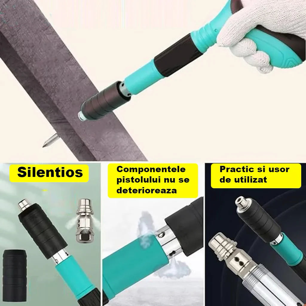 Ruční pistole na upevnění hřebíků na zeď / nýty, délka 30 cm, průměr 7,3 cm, pneumatická, příslušenství, ochranné brýle, transportní box, modrá + 50 hřebíků v balení