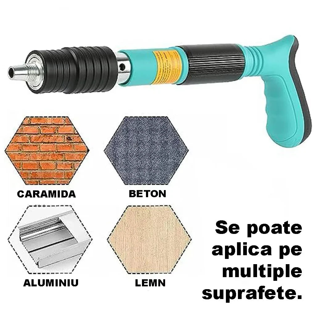 Ruční pistole na upevnění hřebíků na zeď / nýty, délka 30 cm, průměr 7,3 cm, pneumatická, příslušenství, ochranné brýle, transportní box, modrá + 50 hřebíků v balení