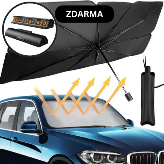Balíček 1+1 ZDARMA: Skládací sluneční clona na auto se stylem deštníku + Držák na telefon do auta ZDARMA
